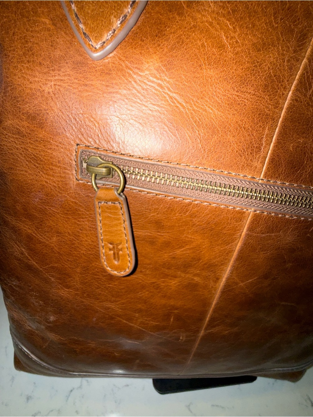 Frye Woven Leather Shoulder Tote in Cognac Brown with Tassel - Picture 8 of 14